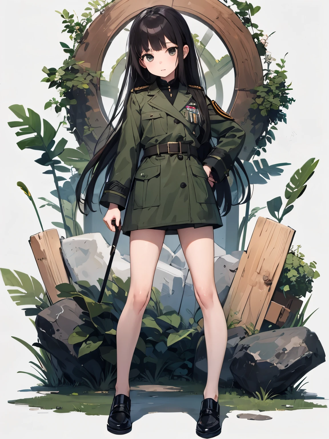 masterpiece,  best quality,  1 girl, Alone, ,  flat chested,  perfect face, beautiful, May,  1 girl, Alone,  dark eyes,  black hair, Long Hair,  Short Bang ,   straight hair , woman , uniform, military, military uniform, Green coat, Brown belt,White background,  Short Bang ,   straight hair ,  Bend it down, whole body