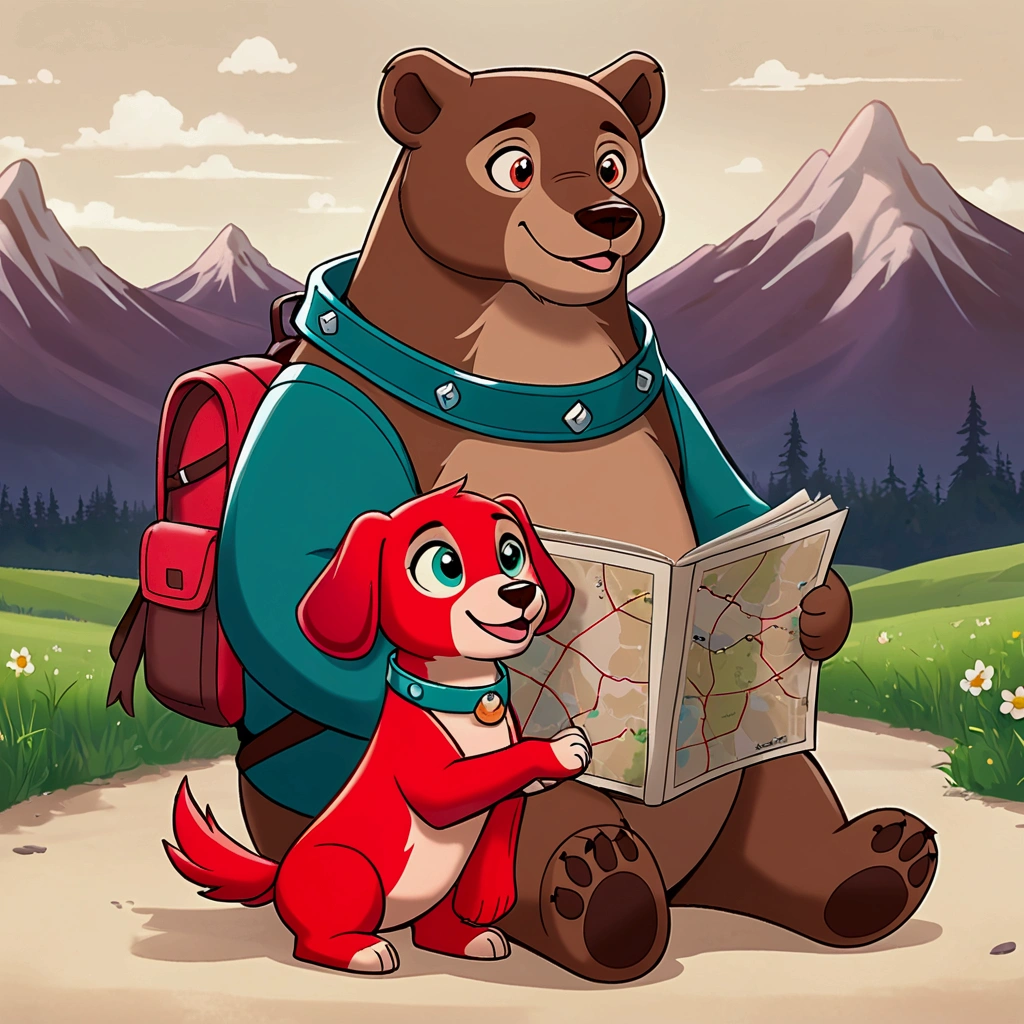 Red Dog and Bear on an epic adventure to find the perfect bone. In the cartoon-style image ,  a vibrant red dog with expressive eyes and slightly droopy ears sits next to a friendly, smiling brown bear.  The two are full of energy and complicity ,  ready for the next stage of his journey .  The dog holds a map wrapped around his paw ,  while the bear carries a simple backpack ,  reinforcing the adventure theme .

 the setting is minimalist ,  with a soft pastel background ,  representing Countryside, simple grass and distant mountains that are not Compete for attention .  The ground details are simplified ,  with some small stones and discreet flowers ,  keeping the focus on the two friends . The lighting is bright and cheerful,  highlighting the vibrant colors of the characters .