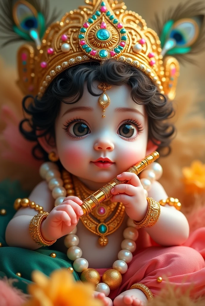 Baby Krishna, only face, flute on hand, flower jewelery, peacock feather,blue colour