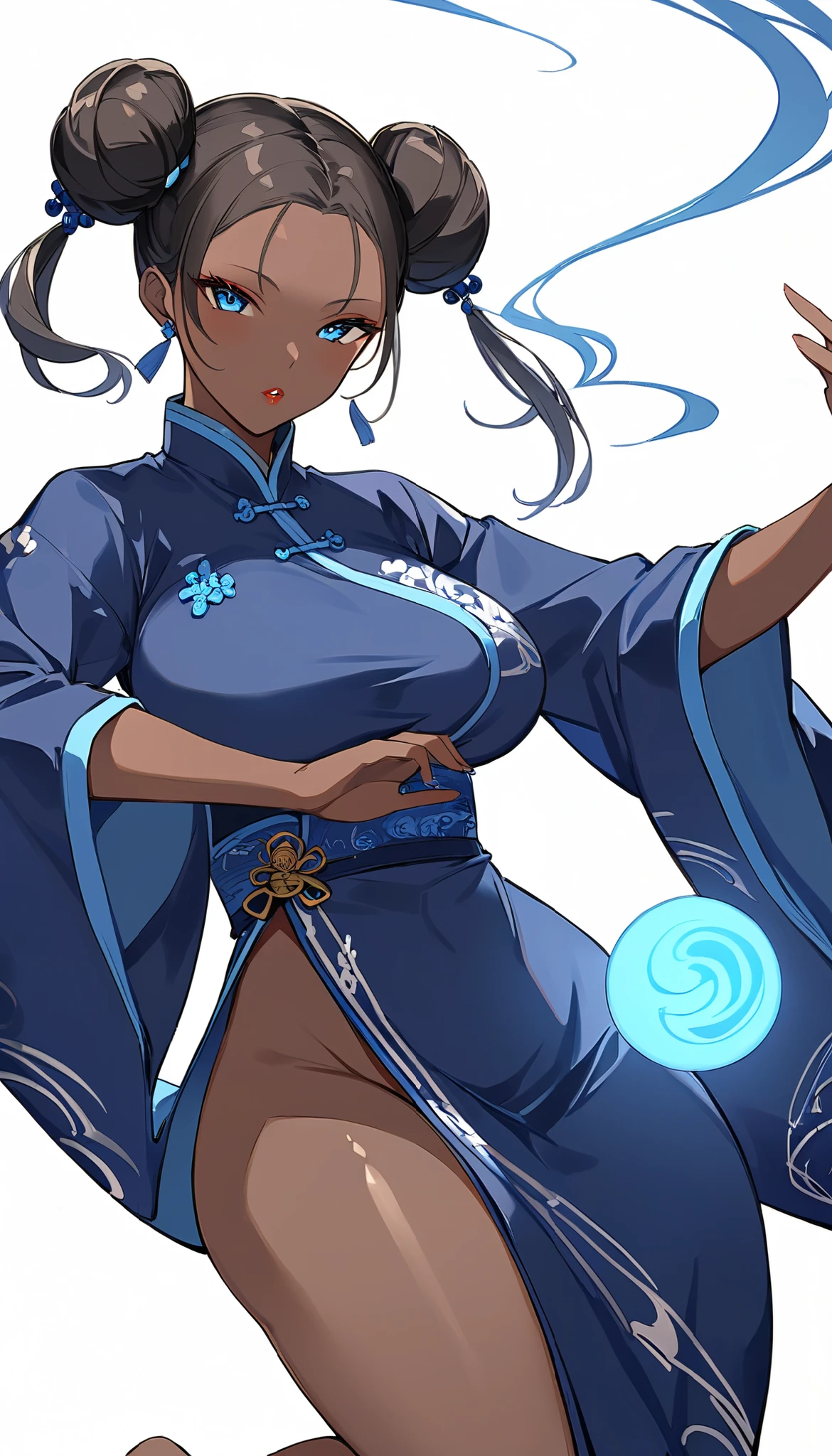 white background solo、 simple background、 Big Breasts 、Very dark skin color 、 twin buns hair、Navy blue Chinese clothing、 Thick lips、(( tan:1,5))、Tai chi circle pose、Afterimage of the movement of blue light