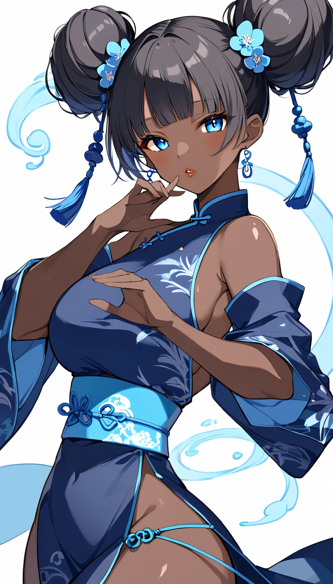 white background solo、 simple background、 Big Breasts 、Very dark skin color 、 twin buns hair、Navy blue Chinese clothing、 Thick lips、(( tan:1,5))、Tai chi circle pose、Afterimage of the movement of blue light