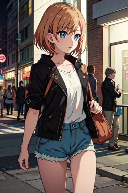  best quality , masterpiece,  high resolution, One, {_aoi _ shirobaco :1.15},  short_hair,  brown _hair, blue_eyes,  1girl, bang,  short denim shorts ,  short топ, on the street at night