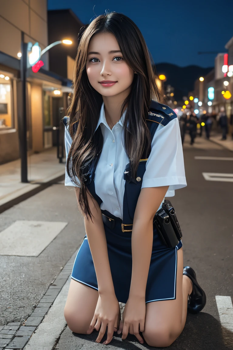 (8k, raw photo, top-quality, masterpiece:1.2), (realistic, photorealistic:1.37), ultra-detailliert, ultra-high resolution, 1 girl, (beautiful and detailed face, golden ratio face, well-balanced eyes, double eyelids, lip gloss), beautiful detailed skin, skin texture, professional lighting, happy smile, looking at photographer, woman in uniform, tight skirt, police uniform, officer, kneeling in uniform on sidewalk, blue uniform, bobby, security guard,((Upper Body:1.3)),
