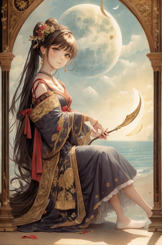 Woman sitting on the crescent moon facing the viewer