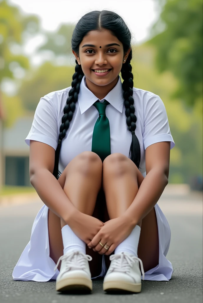 beautiful cute Sri Lankan school girl, in barefoot, Large breast size , 20 years old, wearing a white frock and a dark green tie. She has plaits, black braided long hair, wearing white folded socks and white school sneakers (sneakers are little bit dusty), correct anatomy of other body parts, sitting on a road at school premises, brown skin tone, sweaty skin, thighs are exposed, holding knees by hands, full body view