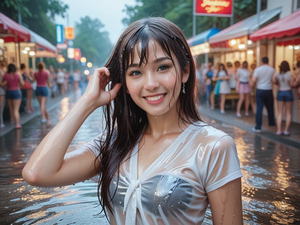 songkran,Wet roads , soaked through,drenched, Dripping, Wet Face,Wet clothes, Wet Skin, Wet Hair,A young woman with a cute face like an idol,((Cleavage)),(Cinema lighting),(Artistic),RAW Photos,Genuine,Genuine,High resolution,RAW Photos,masterpiece, beautiful