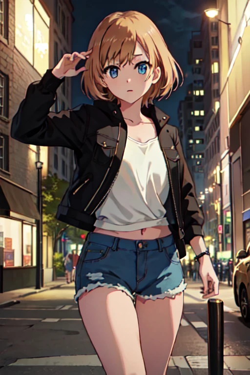  best quality , masterpiece,  high resolution, One, {_aoi _ shirobaco :1.15},  short_hair,  brown _hair, blue_eyes,  1girl, bang,  short denim shorts ,  short топ,  bare belly, on the street at night