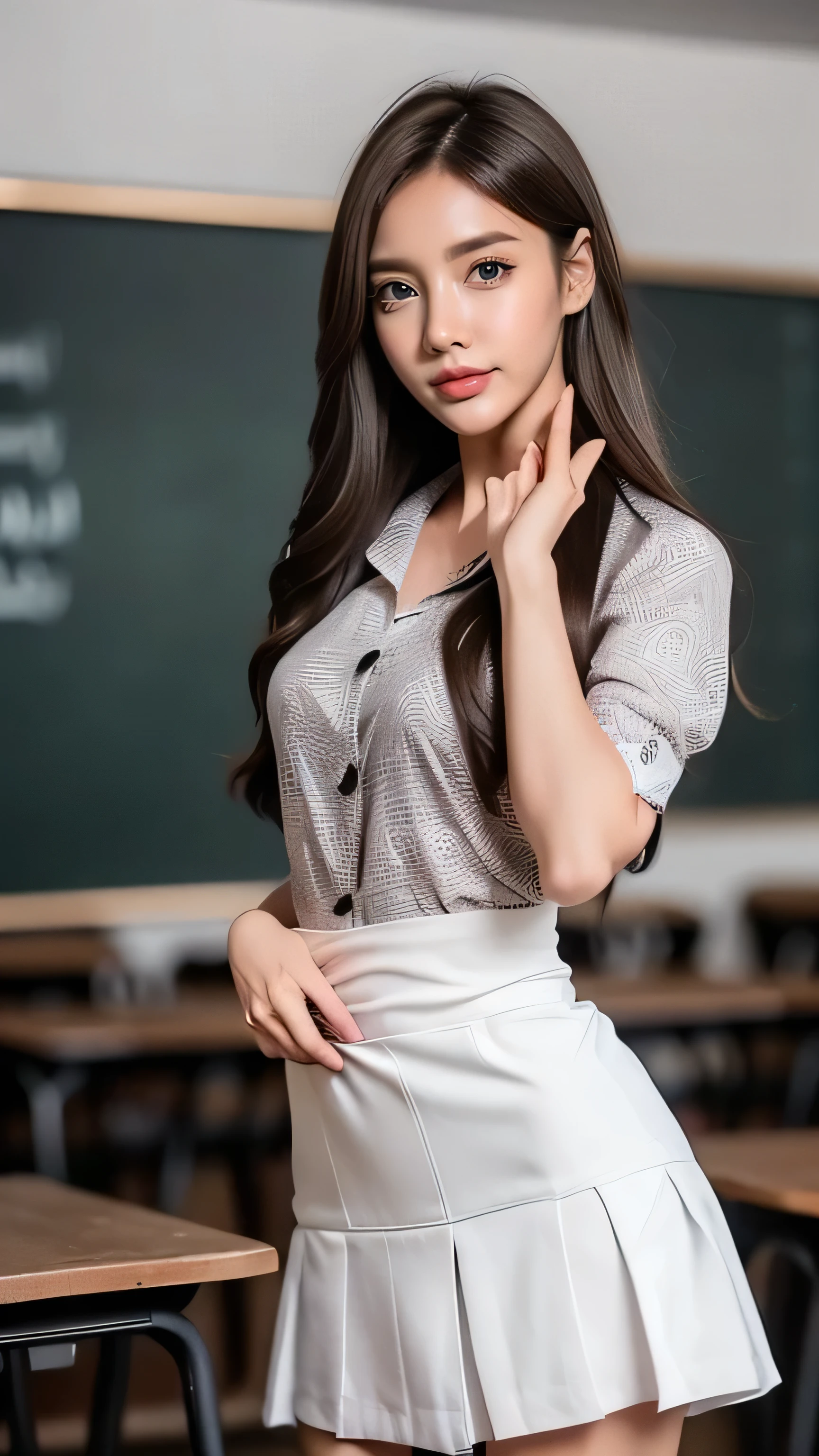 ((Beautiful girl:1.3)) (( School Uniform:1.4)) (( panchira :1.3)) (( High School)),((White Skirt:1.3)) ((is in the classroom:1.3)) ((thin_ fabric :1.4)) (( random sexy pose:1.3)) ((Blushing:1.4)) ((Medium sized breasts:1.4)) ((close-up:1.2)) Best Quality,masterpiece, ultra high resolution,( photorealistic:1.4), RAW Photos,( real skin texture:1.3),(film grain:1.3), panorama, character portrait ,Very wide shot, thin waist, Cowboy Shooting,( in the dark , deep shadow hidden in the shadows, discreet , Cold Light,) knight ,(()), Streaming Tears,,Dust, Tyndall effect,(Performance), 1 girl, beautiful detailed eyes and face , white jabo , Brown Eyes ,(( brown hair:1.2)) ((full body:1.3)) ((smile:1.3))((Super long brown hair reaching to her waist:1.4)),(( medium breasts))(((wearing intricately patterned shirt mini dress))((standing gracefully:1.6))((Place your left hand gently on your chin:1.5))