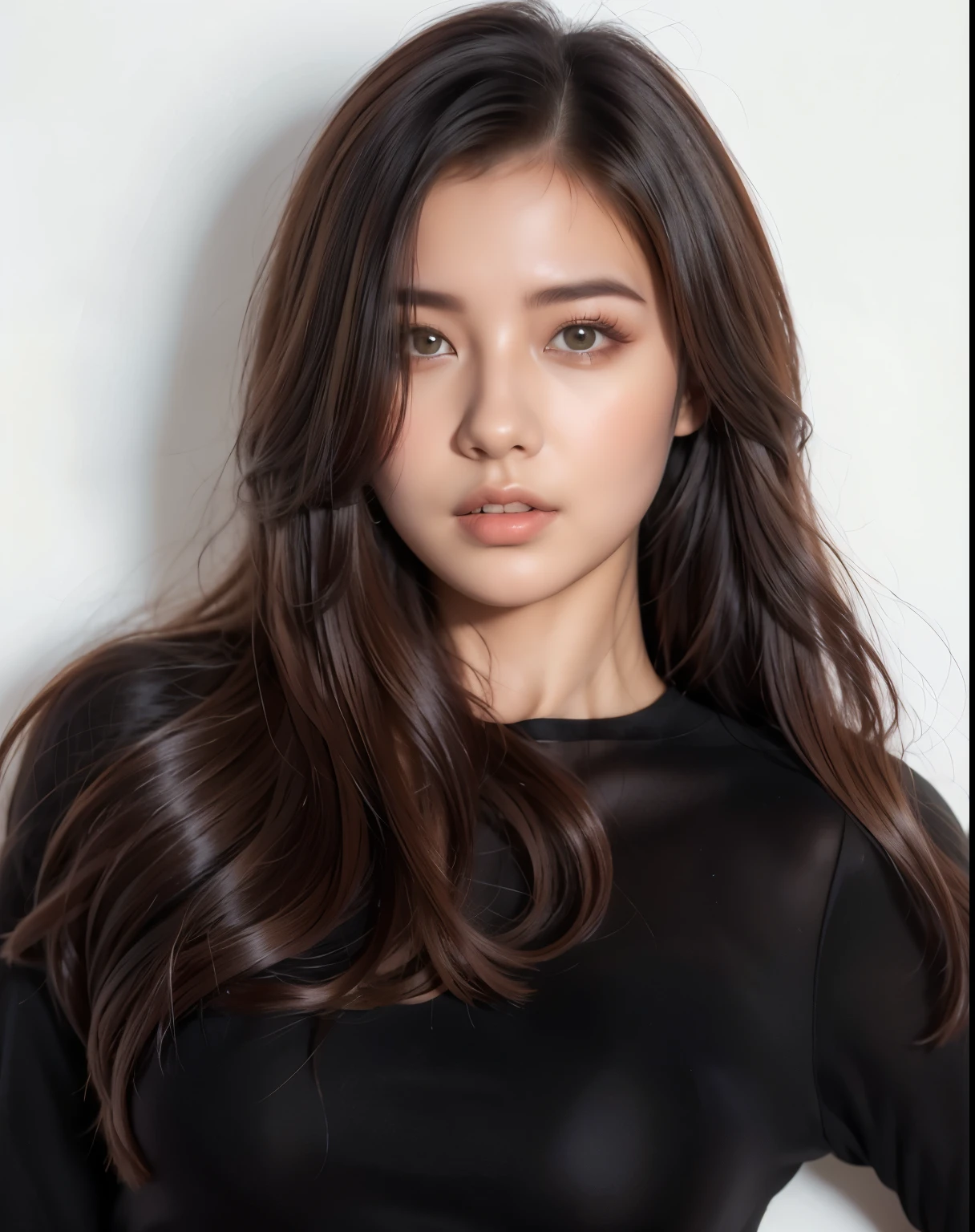 a distant photo of a woman with long hair and a black jacket, korean symmetrical face, portrait of female korean idol, young adorable korean face, korean face features, beautiful realistic face, hyperrealistic beautiful face, realistic. cheng yi, photorealistic beautiful face, realistic beautiful face, hyper realistic face, detailed face of a asian girl, soft portrait shot 8 k