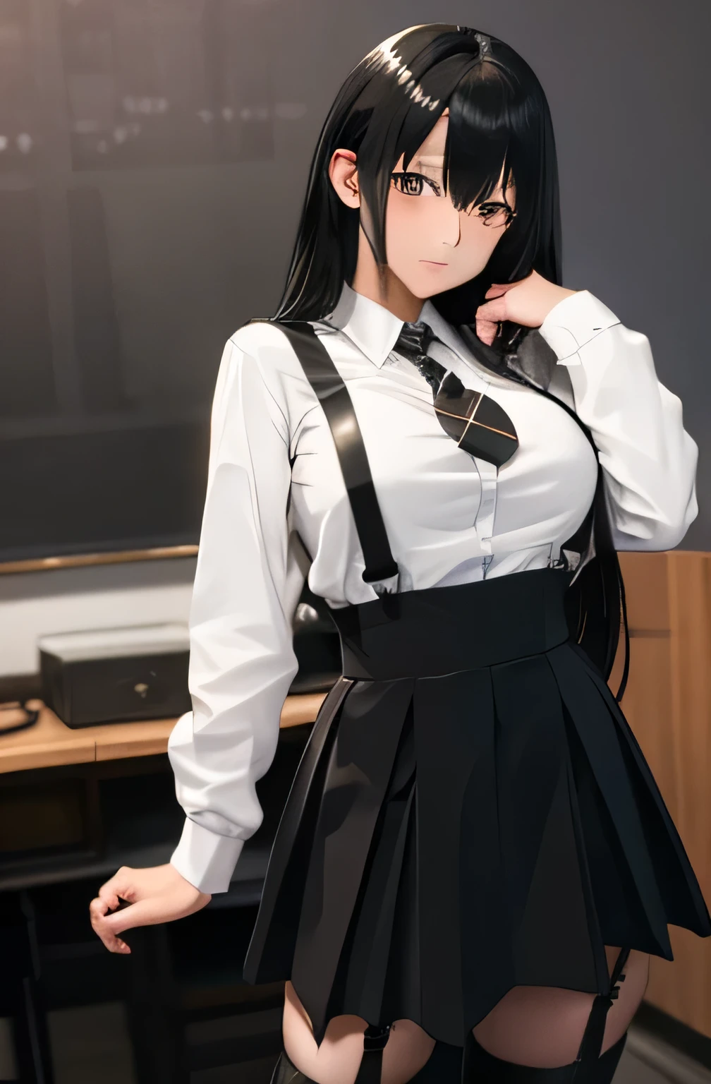  black skirt, tie,  cutter shirt　 suspenders,   girl counting money {x} long black hair,  gray eyes, , Garter belt on leg, , Big Breasts, Tight fitting clothes, both sides　 No Emotion　Behind