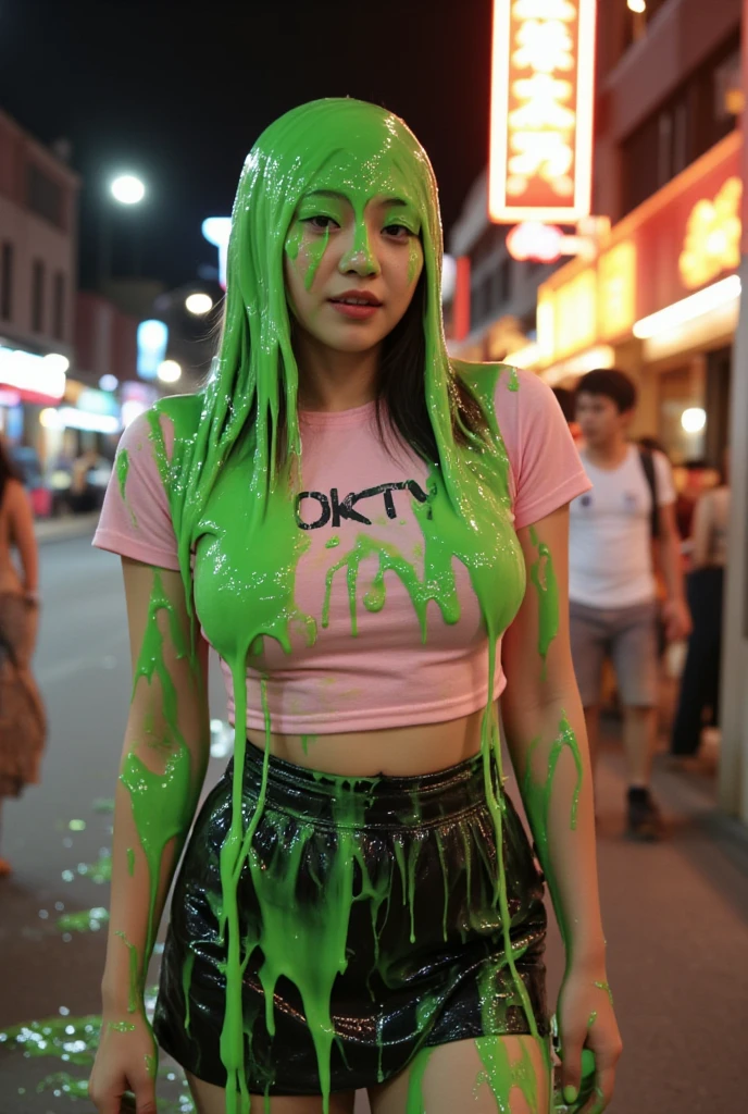 Film Photograph taken with a Leica camera of Asian girl walking covered in green slime. (pink cropped tshirt. Black miniskirt: 1.2). Nighttime . Outside. Vietnam in background. Neon lights. Bokeh. Glistening slime. The photo has a f/1.4 aperture and is in hyper-realistic style. Asian girl covered in dripping green slime. dripping goo.  slime dripping, slime dripping, slime on face, slime on hair, slime on head, slime. (Raw photo:1.2), (photorealistic:1.4), extreme realism, super detailed, high resolution, very detailed, best quality, 8k, sexy, alluring, sultry, detailed skin, detailed skin texture, realistic skin, best quality, viscous strands of custard dripping, wearing makeup, hair covered in slime , (Asian girl, winged eyeliner, dark eyeshadow: 1.3), film grain, film grain on photo