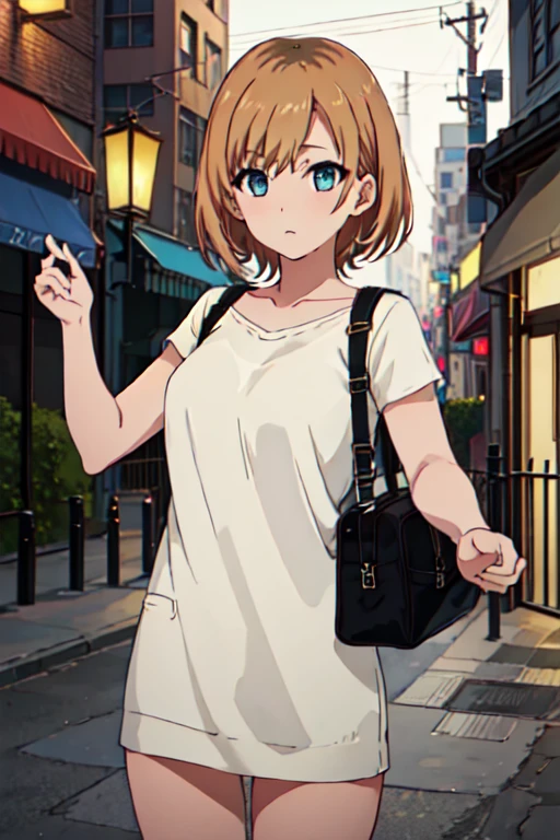  best quality , masterpiece,  high resolution, One, {_aoi _ shirobaco :1.15},  short_hair,  brown _hair, blue_eyes,  1girl, bang,  nude, on the street at night