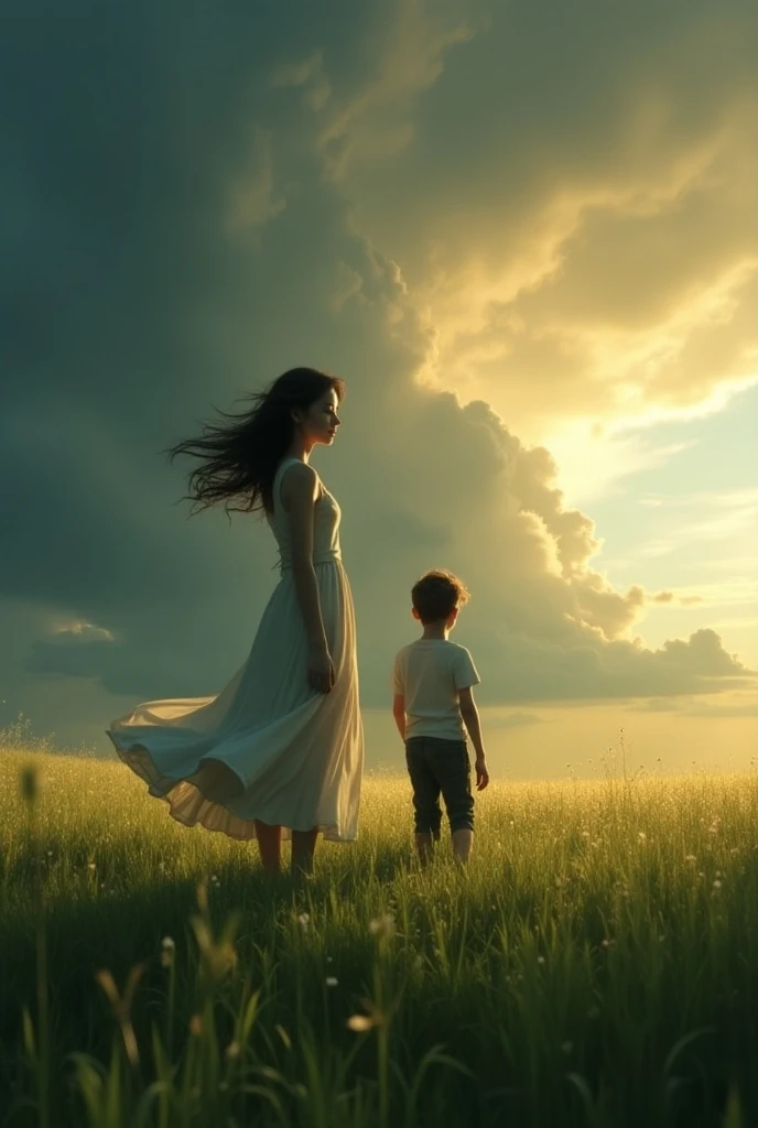 A young woman and a boy are standing in a field in the background of a storm