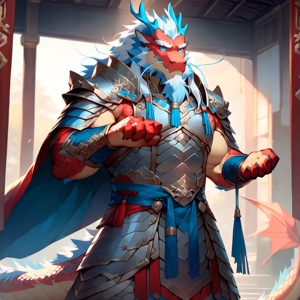 ### Main Character & Identity
(dragon general:1.4), (eastern dragon furry:1.3), muscular male, mature dragon, anthro, masterpiece, best quality, (front view:1.2), full body portrait, professional lighting

### Physical Features
broad chest, thick arms, powerful thighs, defined abs, (commanding posture:1.2), (general's bearing:1.2)

### Dragon Features
(brilliant blue eyes:1.6), (deer antlers:1.2), long whiskers, (red scales:1.4), white chest scales, (blue-white mane:1.2), dragon tail, detailed scale texture, dragon claws

### Armor & Attire
(eastern general armor:1.3), heavy pauldrons, red and gold decorated breastplate, metal vambraces, waist armor, metal battle skirt, flowing red cape(1.2)

### Simple Background
plain stone wall(1.1), simple floor, natural lighting, light grey background, minimal environment

### Quality Requirements
ultra high resolution, perfect lighting, professional photography