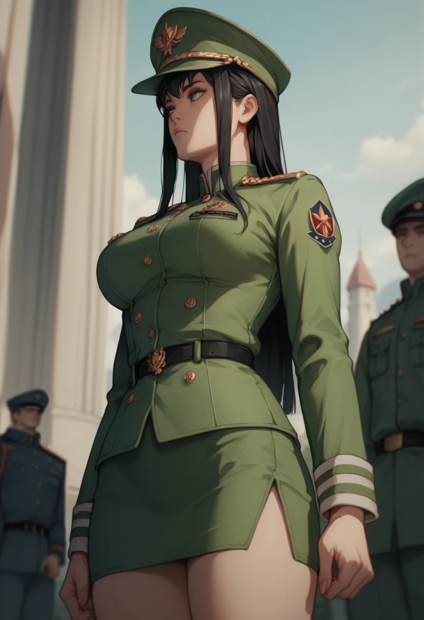 woman, standing, black hair, long hair, Big Breasts, expressionless, empire, green military uniform, military cap, mini slit skirt, looking away, Cowboy shot