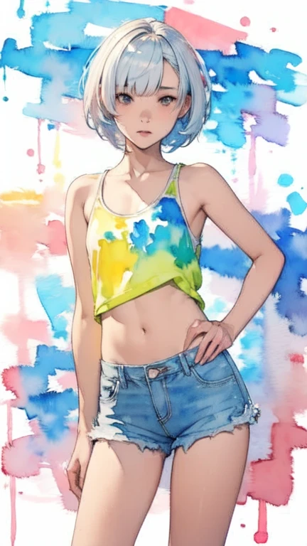 (masterpiece),( best quality:1.2),( very detailed:1.2),( high definition ),(((watercolor))),8k, Standing in front of a wall covered in hip hop graffiti, Cyberpunk neon cityscape,Pixie cut white hair, She is wearing a short neon tank top and an open hoodie, denim short pants, up shorts, Nice ass, (flat chest:1.2), nsfw,(((透明watercolor,Color,Blur)))