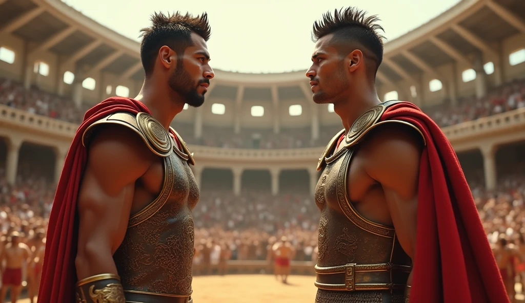 (photorealism: 1.2), two men facing each other, dressed in sports uniforms, interior, Soft lighting,coliseum in the background, confrontation pose, Realistic and intricate details , strong colors, with the name of Giraldo Vs Jolo