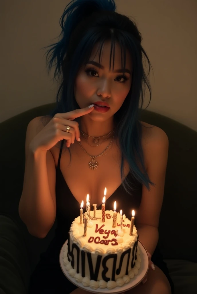Hyper realistic Model, night lighting, blue hair, thick hair, clean face, green eyes, big boobs, heart shaped lips, laughing, wearing a black dress, sitting at a dining table with a big birthday a cake.