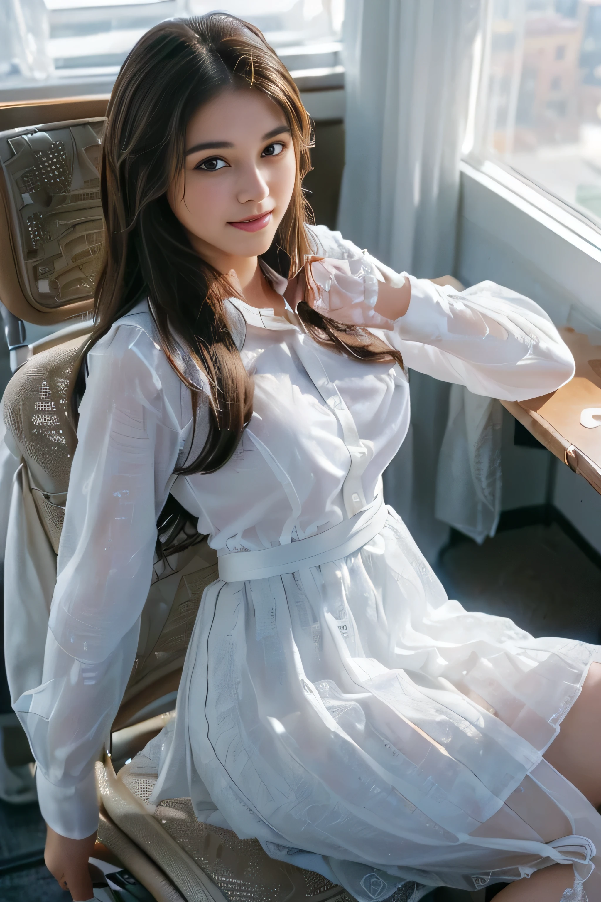 Molester、Voyeur、8k、写真画像masterpiece、Highest quality、Super Resolution、Large file size、Very detailed、High resolution、Highest quality、masterpiece、Very detailed、CG、Unified、8k wallpaper、wonderful、細部にまでこだわったmasterpiece、Highest quality、High resolution、masterpiece、outstanding features 、8k品質、(Tabletop:1.25)、 (Highest quality:1.6)、(超High resolution:1.5)、(Genuine:1.75)、8k解像度、 (RAW Photos:1.2)、(Genuineistic:1.4)、Pale light and shadow、Dindal effect、Light on the face、Cinema Lighting、In a crowded train、Strong wind blowing through the car window、Windblown Hair、((A delicate image of feet))、Low angle view from the feet、1 Female, 23 years old、Beautiful detailed woman、beautiful woman with light brown hair, delicate light brown hair、disheveled curly hair、((A beautiful light brown woman))、(Hair on one eye:1.3),、Incredibly cute face、Delicate eyes、And slim、Very small waist、Very detailed eyes and face、Beautiful details、Ridiculous、((Short sleeve, Ultra-thin shirt, Collared shirt, White Skirt, Black lace T-back, Glossy silk thigh-high socks, ))、Wearing high heels、 (She is looking at the window、Anxious expression、I can't hide my bewilderment、No one will help you、Filled with sadness、blush, Open your mouth, shy, Embarrassing, cute face blush Embarrassing),Illumination from below、The inside of the skirt is clearly visible..、A favorite image、スカートからチラリと見えるBlack lace T-backVoyeur、Camel Toe,
