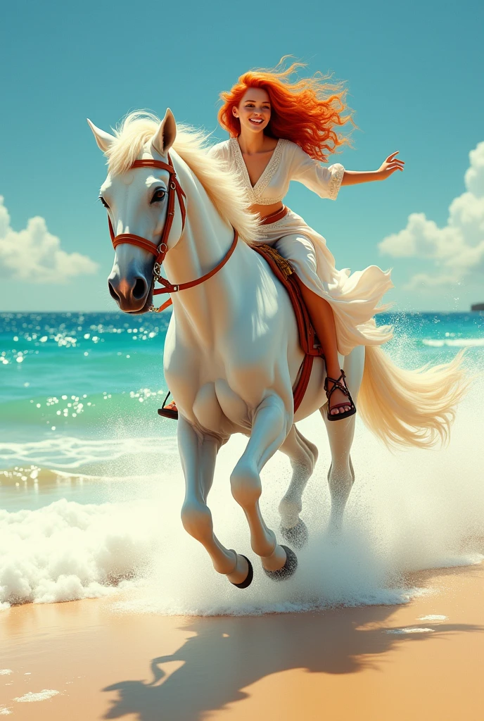 A curly-haired redhead gallops on a white horse on the beach