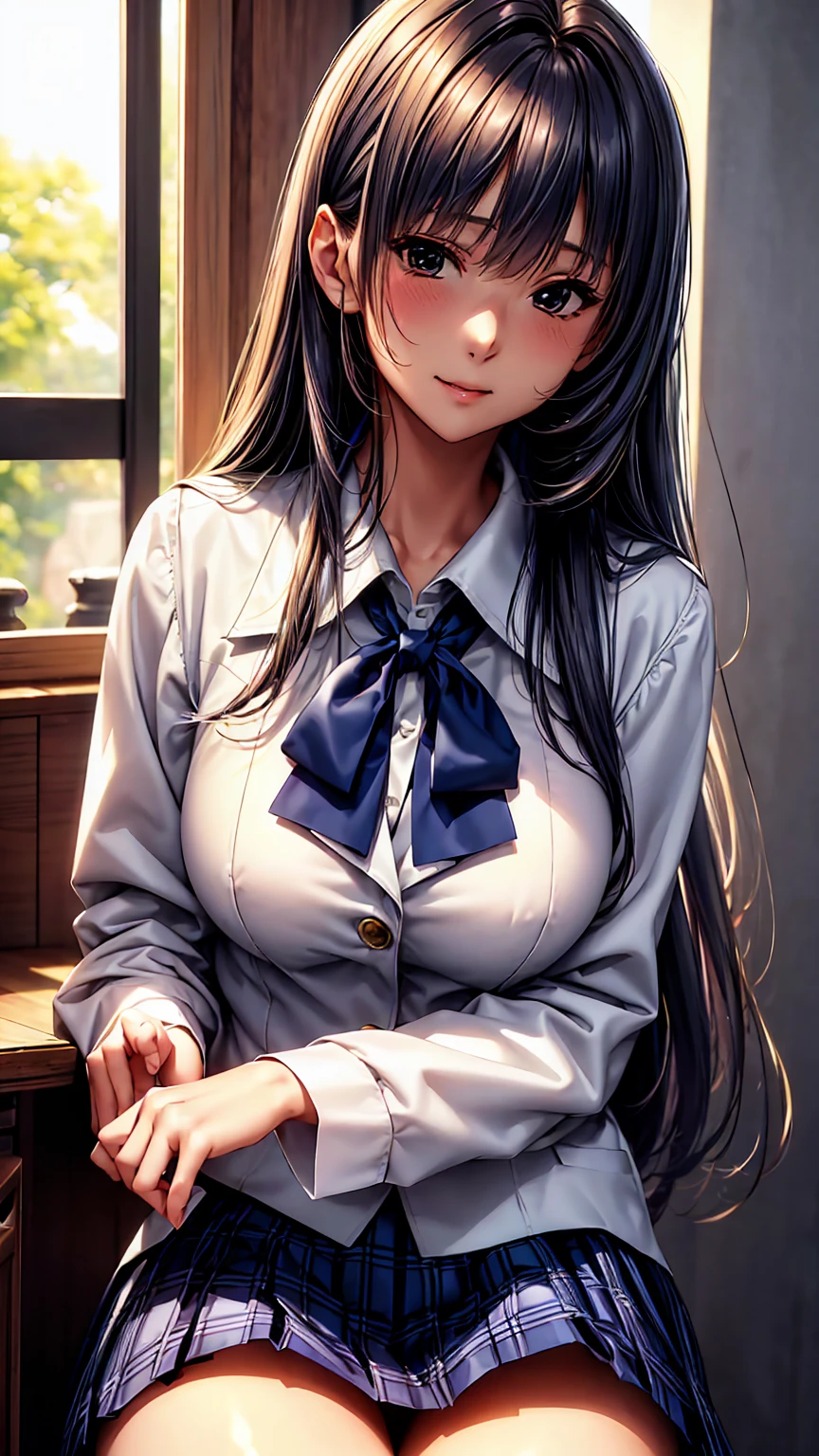 one person、masterpiece、highest quality、Super detailed、High resolution illustrations、enhance the charm of your eyes、depicted in detail、perfect body structure、School female teacher old lady.、navy blue business suit and long skirt、thin、black eye、unbutton one button&#39;shirt、show something good、bra with print design、flat chest、small breasts、white long hair、school classroom、lipstick、blush、embarrassed look、shy smile、close one eye、flowing sweat、Sigh、hot air、mole、dirt on face and skin、wrinkles on face and skin、aging of face and skin、With a wrinkled face、
