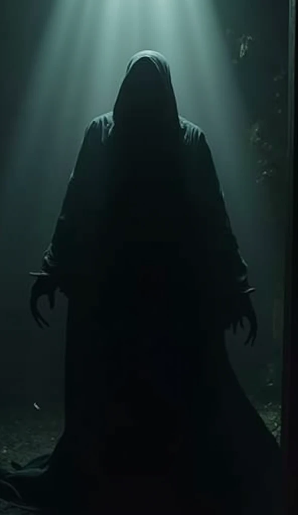 The Hookman standing in the shadows, his figure menacing and ready to strike, his hook raised menacingly