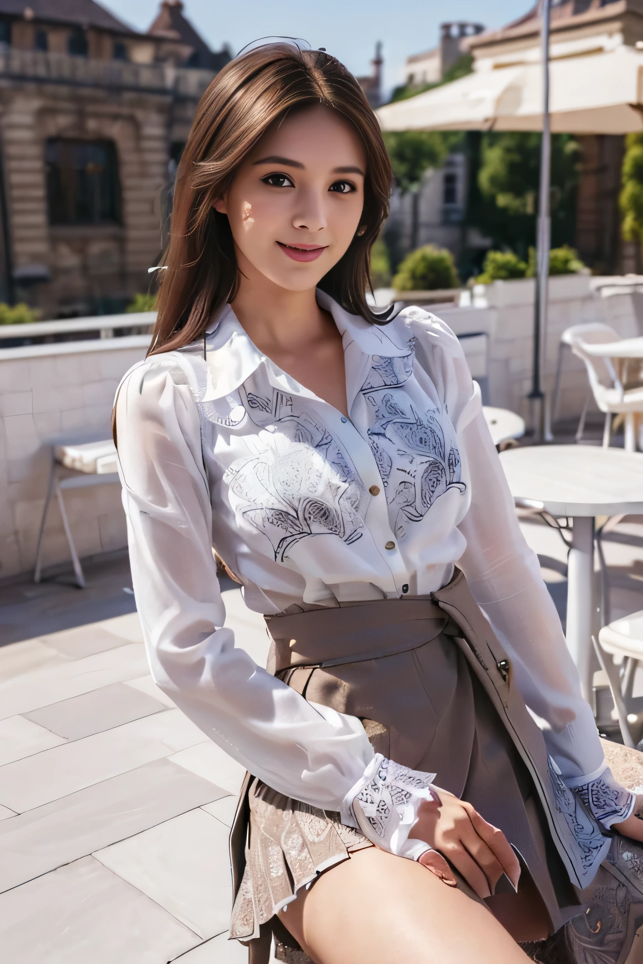 the Extremely Detailed CG Unity 8K Wallpapers、top-quality、ultra-detailliert、​masterpiece、realisitic、Photo Real、extremely detailed cute girl、25-years old、(skirt rift)、(skirt lift by yourself))、Different color panties for each image、panties focus、red blush、cparted lips、looking at the viewers、Half body shot､Beautiful woman wearing fashionable and classy clothes､beautiful spring scenery) Different hair lengths and waves for each image,Sweet smile