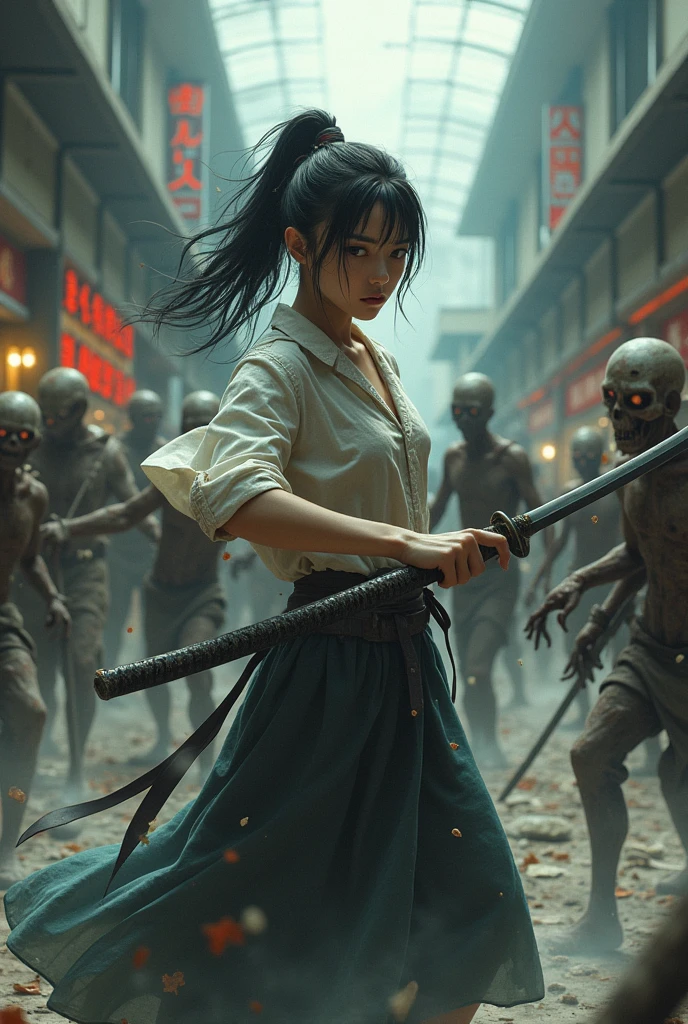 A cover image of a woman wearing a Thai school uniform, a white shirt and a black A-line skirt fighting a horde of zombies, wearing different clothes, the character's face is fierce, blood splattered, blood everywhere, with a baseball bat hitting the zombie's head, she wears tattered clothes, do not expose, the scene is dark and atmospheric, the style looks realistic and fierce, the background is an old Thai temple, chased by zombies and there is a broken tuk tuk parked, there is a zombie's hand coming to grab her from the front.