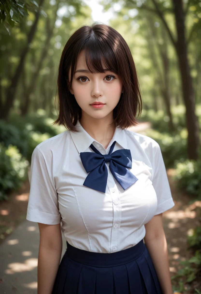 (masterpiece:1.3), (8K、photorealistic, Raw photo, best quality:1.2), (solo), (1 girl), (cute:1.3), (very beautiful  japanese girl), Symmetrical perfect face, wonderful smile, cheeks are red, (high detail skin: 1.2), Photorealistic anime girl rendering, Realistic anime 3d style, beautiful brown hair bob cut, intense black eyes, strong eye highlights, (Accurate and natural normal size breasts), perfect anatomy, hair is messy, (sailor suit), ((white short-sleeved shirt with a navy collar, girls high school uniform,  navy pleated skirt, navy blue plaid bow tie)), (Luxury silk bra and panties), accurate arm, five fingers, accurate legs, morning, (Beautiful Landscape Background), (downtown), On the bench, get up, volume lighting, soft light, bright, neon, Bright colors