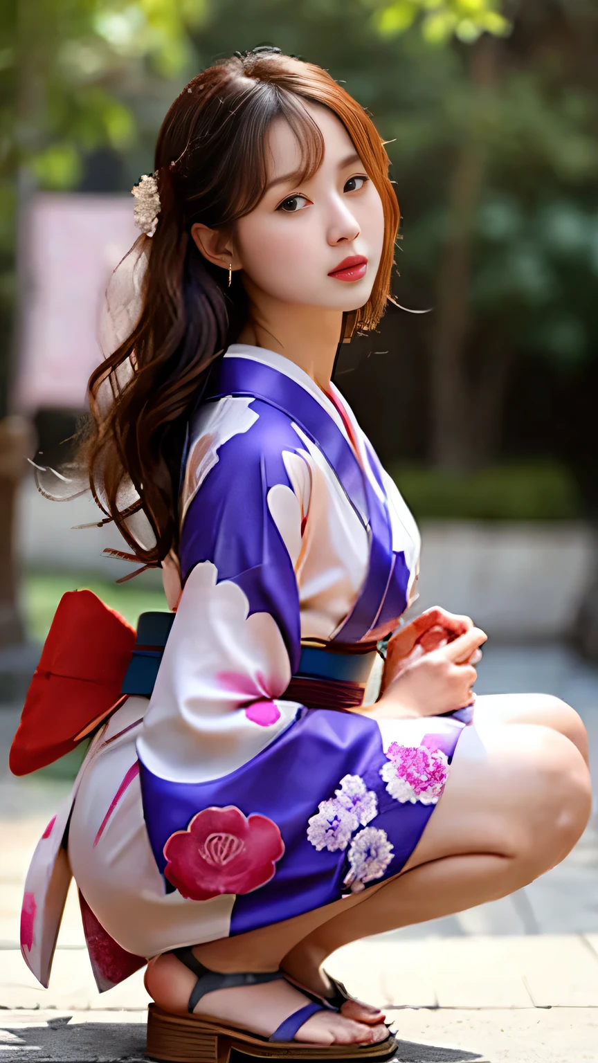  Woman posing for a photo ( kimono_clothing、 dress:1.3)、柄のある kimono、Half face 、Beautiful figure、 beautiful brown eyes 、 long, wavy brown hair 、 highlight accurate and perfect human anatomy 、Feels good to the touch、 high definition 、masterpiece、 best quality、head:1.3、(( Hasselblad's photo ))、 It's a great day 、( Movie Lighting)、Alluring、 sexy、Eros、 clavicle 、 big, rich breasts、 Slim Abs 、Wide ass 、 A town bustling with Japanese festivals 、Sunny day、 Dynamic Angle 、 beautiful face、 detailed and perfect face 、Large, even eyes、Wind、( facing the front)、  sexy black lace knit panties 、 squatting、 Panchira 、 sexy thighs、Perfect Fingers、Crotch details、Long legs、(Barefoot and wearing sandals )、(( 7 head perfect body proportions 、headが小さい、  hands and feet drawn in Highlight Accurate and Perfect Human Anatomy,))、( dynamic pose 、 Changing Poses 、  cabelo o olho esquerdo  ,)、