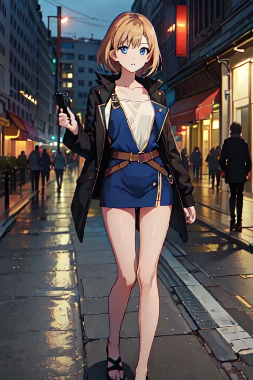    best quality   , masterpiece,    high resolution, One, {_aoi   _   shirobaco   :1.15},    short_hair,    brown   _hair, blue_eyes, bare body dress, naked torso, on the street at night