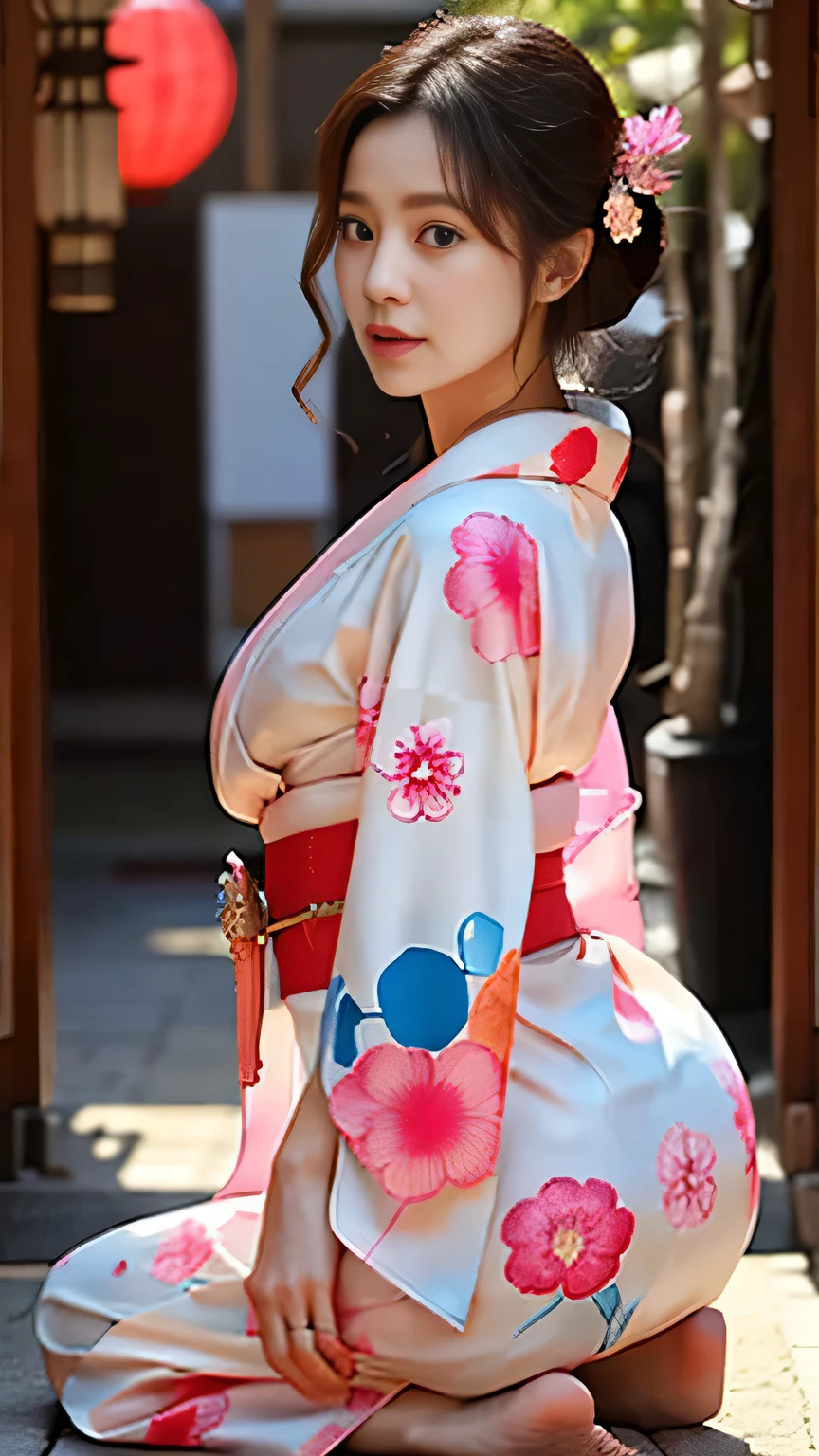  Woman posing for a photo ( kimono_clothing、 dress:1.3)、柄のある kimono、Half face 、Beautiful figure、 beautiful brown eyes 、 long, wavy brown hair 、 highlight accurate and perfect human anatomy 、Feels good to the touch、 high definition 、masterpiece、 best quality、head:1.3、(( Hasselblad's photo ))、 It's a great day 、( Movie Lighting)、Alluring、 sexy、Eros、 clavicle 、 big, rich breasts、 Slim Abs 、Wide ass 、 A town bustling with Japanese festivals 、Sunny day、 Dynamic Angle 、 beautiful face、 detailed and perfect face 、Large, even eyes、Wind、( facing the front)、  sexy black lace knit panties 、 squatting、 Panchira 、 sexy thighs、Perfect Fingers、Crotch details、Long legs、(Barefoot and wearing sandals )、(( 7 head perfect body proportions 、headが小さい、  hands and feet drawn in Highlight Accurate and Perfect Human Anatomy,))、( dynamic pose 、 Changing Poses 、  cabelo o olho esquerdo  ,)、