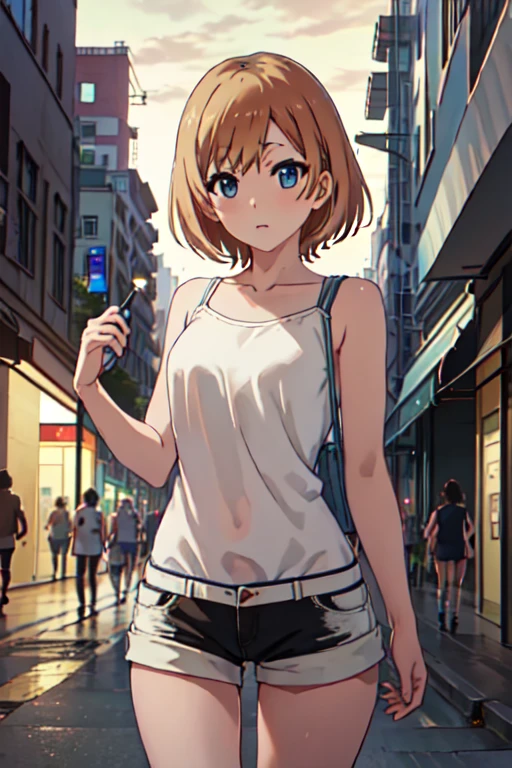    best quality   , masterpiece,    high resolution, One, {_aoi   _   shirobaco   :1.15},    short_hair,    brown   _hair, blue_eyes,  short tight shorts , Group, naked body, naked torso, on the street at night