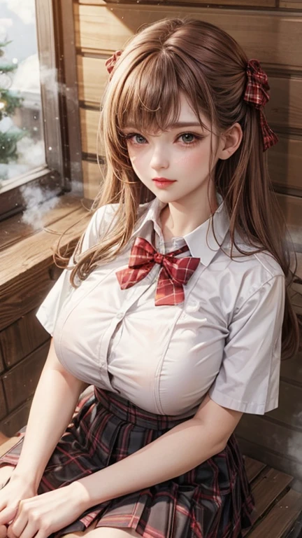 porn image.(from below:1.2),(1girl,ultra detailed skin,curvy,,beautiful breasts,large breasts,pale skin,pointy breasts,erect nipples),(Hyperrealist portrait,(8k),ultra-realistic,high detail,high resolution,best quality,masterpiece,Sense of presence,Dynamic,bold),(thin and soft hair:1.8),(straight hair),(Swept long bangs),(extra light coppery amber hair),(hair over one eye),(clothed:1.5,school uniform:1.5)