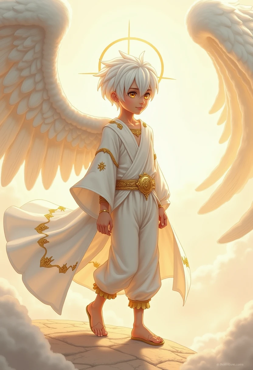 "A boy with white hair and golden eyes, exuding a celestial and ethereal aura. He has a short, asymmetrical haircut, with one side slightly longer than the other. He wears a white tunic with subtle golden details, along with light, flowing pants and discreet golden symbols. His outfit gives a light, angelic appearance, with a thin golden belt and small golden accents. The colors white, gold, and silver dominate his attire. He has a youthful yet powerful presence, with an aura of golden light around him, matching his angelic and celestial powers. The scene is peaceful yet radiant, with soft golden highlights in the background."