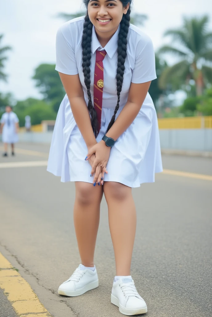 (masterpiece, best quality:1.2), 1girl, solo, 18 years old Sri Lankan school girl wearing a white frock and colorful tie, with perfectly braided hair in plaits, barefoot, hyper realistic, cinematic look, detailed body parts with correct anatomy, realistic lightning, hyper realistic skin details, tanned dark skin, natural skin, Sri Lankan, pussy open, squatting