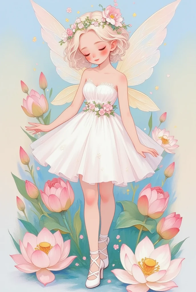 1girl, bare shoulders, closed eyes, dress, eyelashes, fairy, fairy wings, floral background, flower, full body, gradient, gradient background, grey background, high heels, leaf, lily \(flower\), lotus, pink flower, short hair, solo, strapless, strapless dress, white dress, white flower, white footwear, white theme, wings