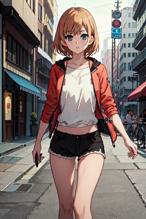     best quality    , masterpiece,     high resolution, One, {_aoi    _    shirobaco    :1.15},     short_hair,     brown    _hair, blue_eyes,   short tight  shorts , group, naked body, naked torso, on the street at night