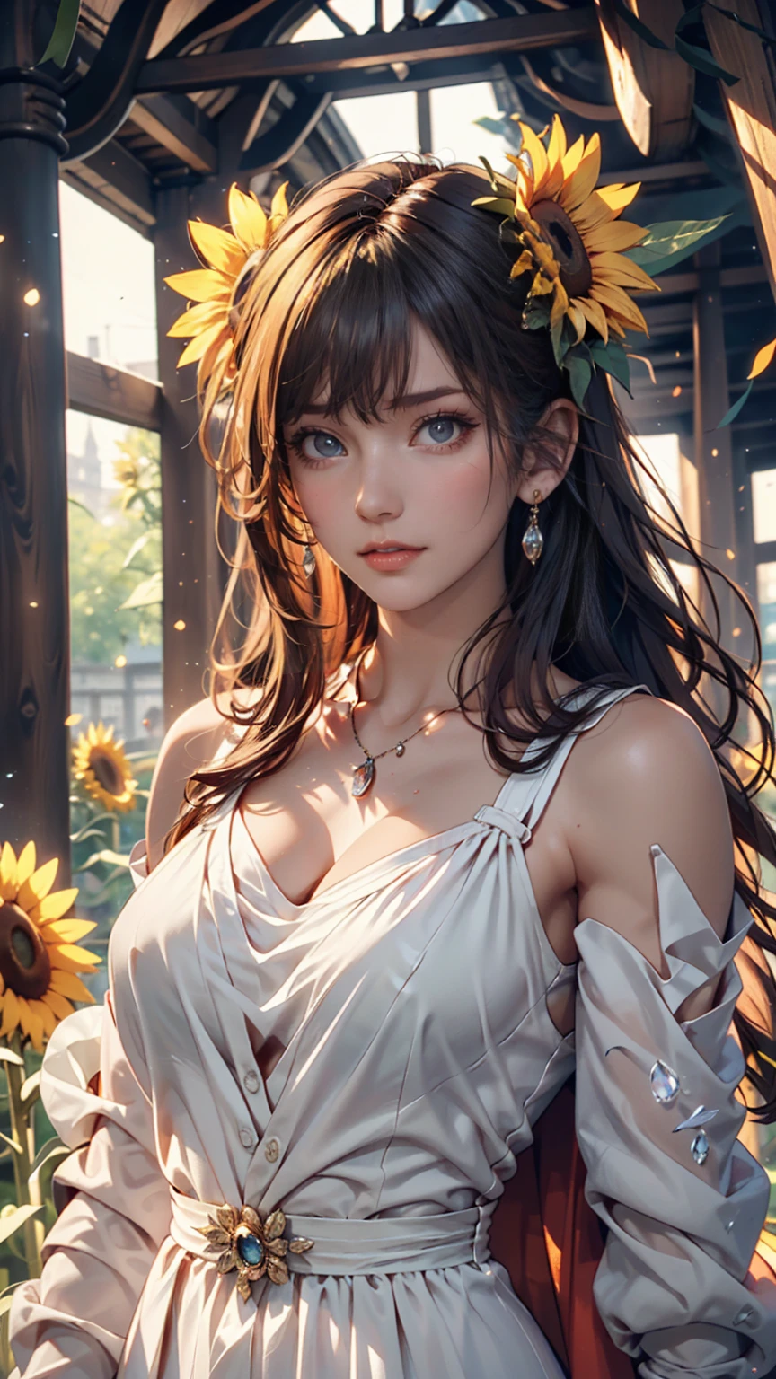 (  Absurdly ,  High Quality  , Super detailed ) ,( Handmade ) ,  1 girl, Alone, Mature,  very long hair, Sunflower Hair , beautiful crystal eye ( Eye details ) Baroque,  Necklaces ,  long dress ,  Long Sleeve ,  elegant ,  colorful , HIGHEST DEFINITION ,  upper body ,  with rivers and sunflowers