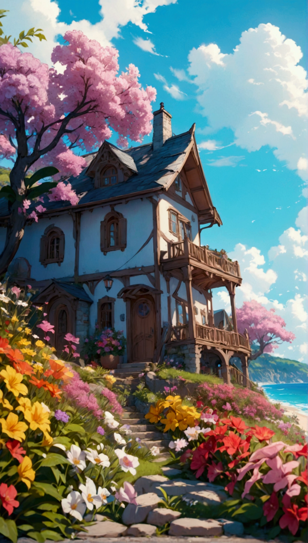 8k, high quality, masterpiece, close-up of anime movie. Very detailed, the foreground is a beautiful house on the hill, surrounded by flowers, and the distant view is a beautiful beach by the sea, as beautiful as a fairy tale