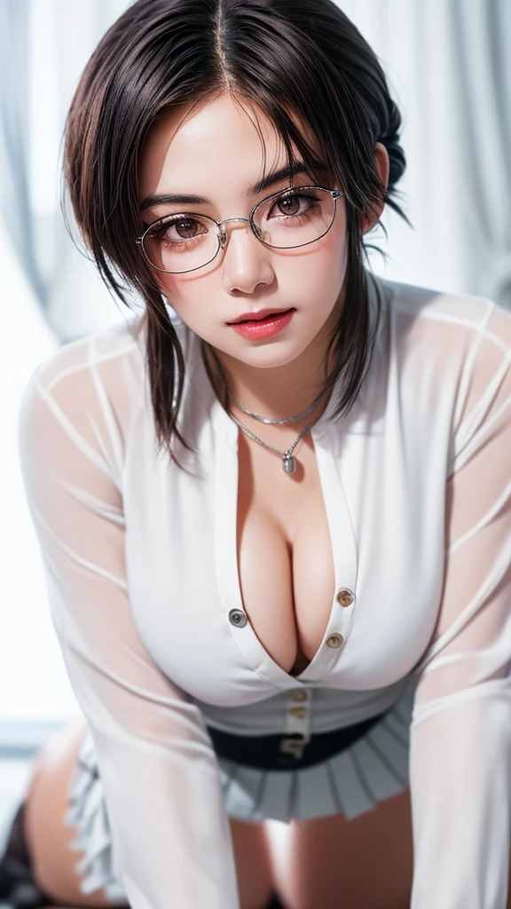 (Tabletop:1.3), High resolution, Super detailed, Highly detailed CG Unity 8k wallpaper, Realistic, Realistic, RAW Photos, Beautifully detailed face, 青白い肌 Realistic glowing skin, Detailed hair texture, Perfect body, Beautiful Face, Accurate, Anatomically correct, Highly detailed face and skin texture,  (Beautiful Hands), (Fair skin:1.2), Thin legs, Thin legs,  double eyelid, Thin eyebrows, (Glossy Lips:1.4), (Smiling Kindly:1.2), (Browsing Caution:1.1), (上品でかわいいfemale:1.3), (female, solo), (Naked and wearing knee-high boots)、 Pink sexy bra、Pink sexy panties、(Wearing glasses:1.1), 
(Large Breasts, Toned Abs、Nipple protrusion), (Slim figure、Firm breasts:1.2), Beautiful clavicle, 
((Asymmetrical bangs:1.2)), 
break,  (From the side:1.1), (Look to the side of the viewer:1.2), ((Focus on the face:1.2)),
 (Cowboy Shot:1.2),