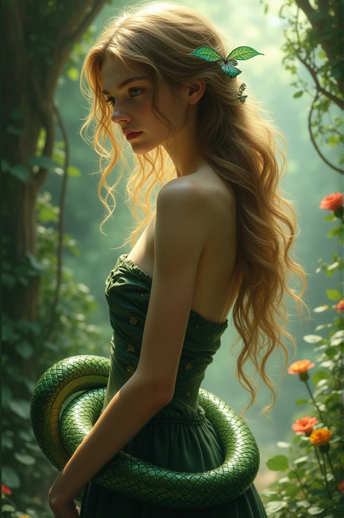 (from behind, looking back, full view of body), (detailed elf ear, 1 woman, elven featured face, seductive expression, massive bulging breast, beautiful green eyes, braided blonde hair, thick hips, narrow shoulders, hourglass, thick bush, camel toe), (leather green hooded cape, thin braided leather straps, gartered bustier and panty, elven designed outfit, gold laced ivy leaf pattern), (medieval setting, ivy vines, oak forest, great oak background),
