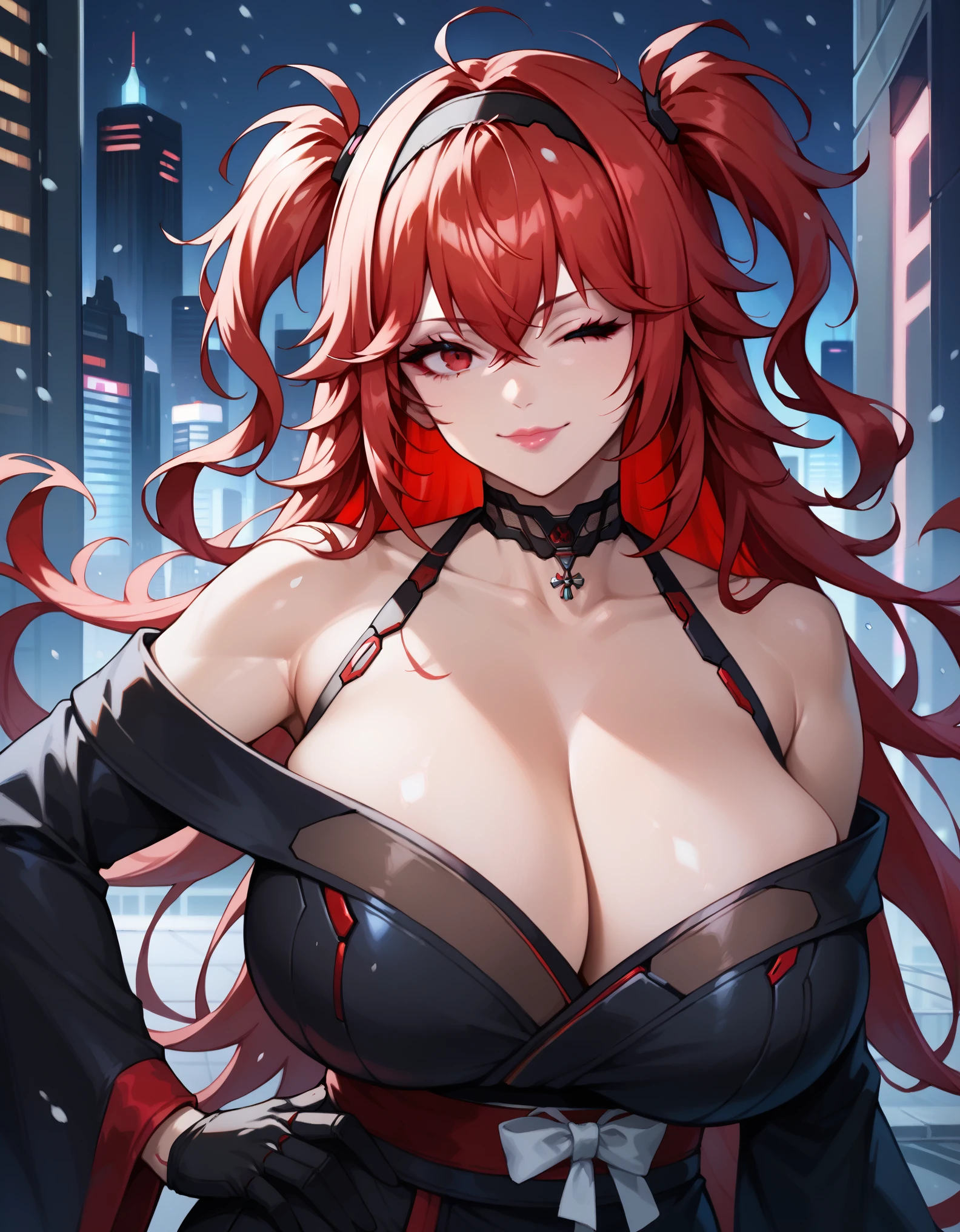 score_9, score_8_up, score_7_up, 1girl, milf, solo, nihilister, (huge breasts:1.1), (((red hair), very long hair, messy hair, two side up, long sidelocks, crossed bangs, red eyes, one eye closed)), pink lips, ((hairband, choker, bare shoulders, black kimono, black gloves)), ((light smile), closed mouth), ((looking at viewer, hand on own hip, futuristic cityscape, winter, snowing))