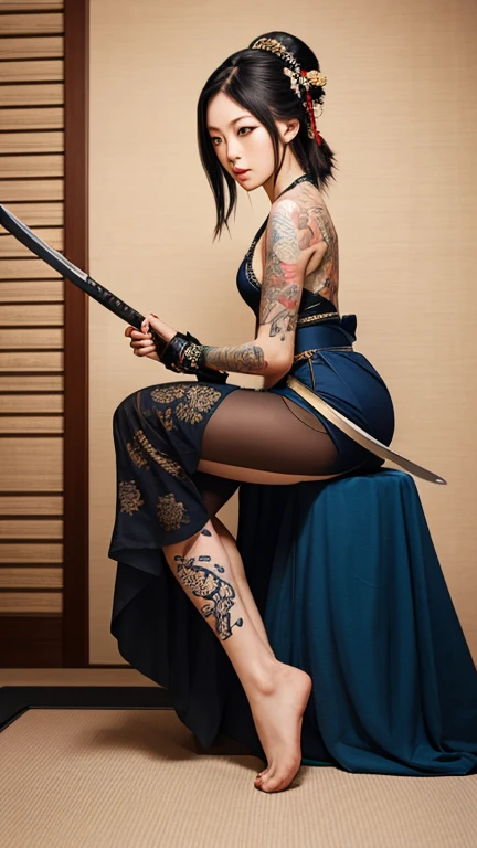 woman sitting on the ground with a sword and tattoo, Slim Yakuza Girl, katanas strapped to her back, Oriental tattoos, She holds a katana sword, female Samurai, Yakuza tattoo on the body, of a Taiwanese girl with tattoos, Full body tattoos, Full body tattoos, behind her a decorated Korean pole weapon, Geisha tattooArafed woman exuding strength and grace, her piercing gaze locked on the horizon, embodying the spirit of the warrior. The sun casts a golden hue on her inked skin, each tattoo narrating tales of valor and tradition. The intricate patterns of her full body tattoos intertwine with the curves of her form, celebrating her heritage and the legacy of the Yakuza. As she adjusts her grip on the katana, the blade glints with a fierce allure, complementing the dual katanas strapped firmly across her back, whispering of battles fought and won. An aura of mystery surrounds her, a juxtaposition of femininity and ferocity, as the decorated Korean pole weapon leans against her shoulder, an extension of her indomitable spirit. Her attire is a blend of culture and modernity, the fabric flowing seamlessly, allowing for swift movement, while showcasing her tattoos that tell a story of perseverance, elegance, and history. The geisha tattoo, wrapped delicately around her arm, serves as a reminder of the beauty and discipline of the past, merging seamlessly with the contemporary symbols etched across her skin. In this serene moment, seated on the ground, she is both a guardian and a storyteller, a slender yet powerful figure in the rich tapestry of martial heritage, ready to rise and embrace whatever destiny awaits her. The atmosphere crackles with anticipation, the weight of tradition carried in every breath, as she prepares to carve her path into the world, sword in hand and tattoos glowing with a life of their own.