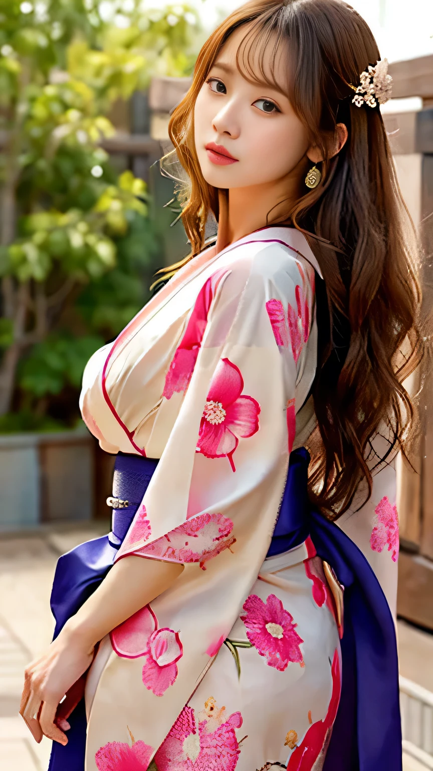  Woman posing for a photo ( kimono_clothing、 dress:1.3)、柄のある kimono、Half face 、Beautiful figure、 beautiful brown eyes 、 long, wavy brown hair 、 highlight accurate and perfect human anatomy 、Feels good to the touch、 high definition 、masterpiece、 best quality、head:1.3、(( Hasselblad's photo ))、 It's a great day 、( Movie Lighting)、Alluring、 sexy、Eros、 clavicle 、 big, rich breasts、 Slim Abs 、Wide ass 、 A town bustling with Japanese festivals 、Sunny day、 Dynamic Angle 、 beautiful face、 detailed and perfect face 、Large, even eyes、Wind、( facing the front)、  sexy black lace knit panties 、 squatting、 Panchira 、 sexy thighs、Perfect Fingers、Crotch details、Long legs、(Barefoot and wearing sandals )、(( 7 head perfect body proportions 、headが小さい、  hands and feet drawn in Highlight Accurate and Perfect Human Anatomy,))、( dynamic pose 、 Changing Poses 、  cabelo o olho esquerdo  ,)、