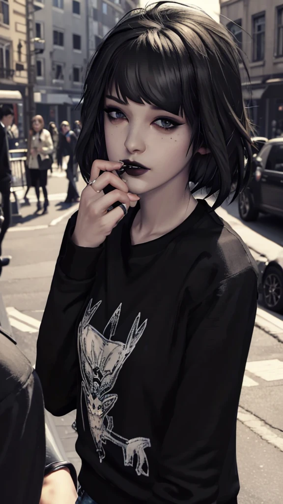 Maxine Caufield, 1-person,, black lipstick, eyeliner, eye shadow, mascara, smoky eyes, black lips, natural lighting, black lips, sweatshirt, sweetheart, realism, realistic, perfect, excellent quality