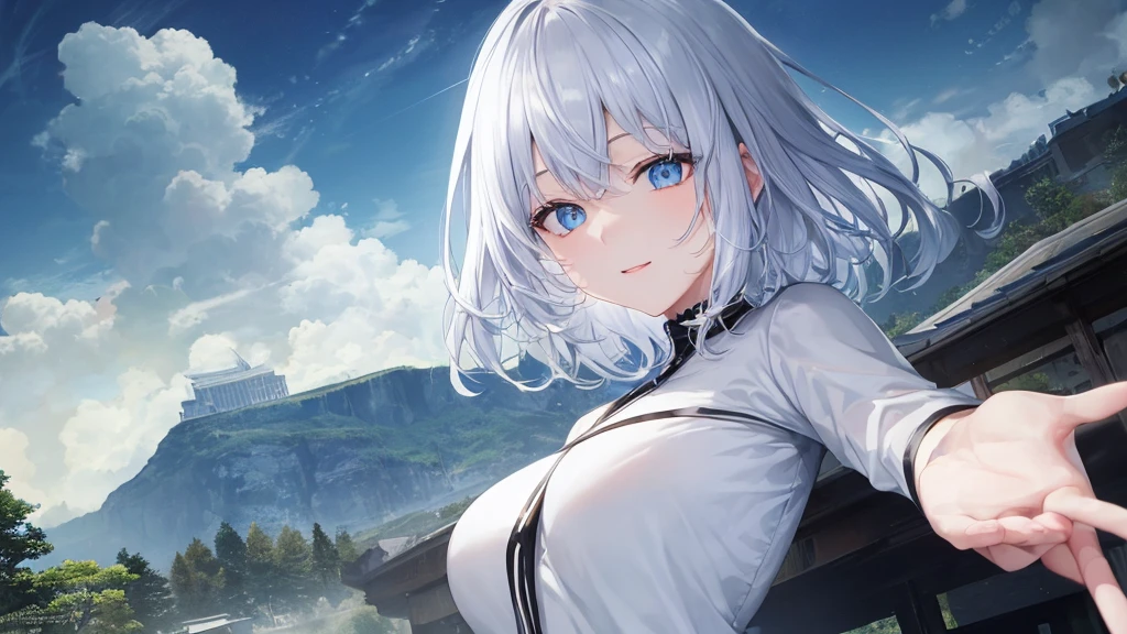 super high quality, with a girl, 20-year-old, とてもshort hair, long bangs between the eyes, pale blue eyes , blue sky, sunlight, very detailed,(masterpiece、highest quality)、alone、gray hair、laughter、White skin as clear as snow、fantasy, silver hair, black eye, beautiful eyes,, ecstasy, Charm, be smitten with audience, short hair,blue sky , sunlight,fantasyな風景,looking down from above、