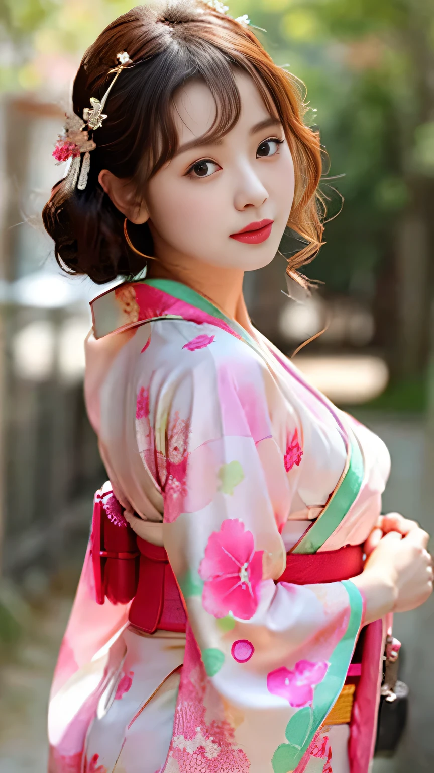  Woman posing for a photo ( kimono_clothing、 dress:1.3)、柄のある kimono、Half face 、Beautiful figure、 beautiful brown eyes 、 long, wavy brown hair 、 highlight accurate and perfect human anatomy 、Feels good to the touch、 high definition 、masterpiece、 best quality、(( Hasselblad's photo ))、 It's a great day 、( Movie Lighting)、Alluring、 sexy、Eros、 clavicle 、 big, rich breasts、 Slim Abs 、Wide ass 、 A town bustling with Japanese festivals 、Sunny day、 Dynamic Angle 、 beautiful face、 detailed and perfect face 、Large, even eyes、Wind、( facing the front)、  sexy black lace knit panties 、 squatting、 Panchira 、 sexy thighs、Perfect Fingers、Crotch details、Long legs、(Barefoot and wearing sandals )、(( perfect proportions for 7 heads 、 has a small head、  hands and feet drawn in Highlight Accurate and Perfect Human Anatomy,))、Cute hair accessories、hairpin、( dynamic pose 、 Changing Poses 、  cabelo o olho esquerdo  ,)、