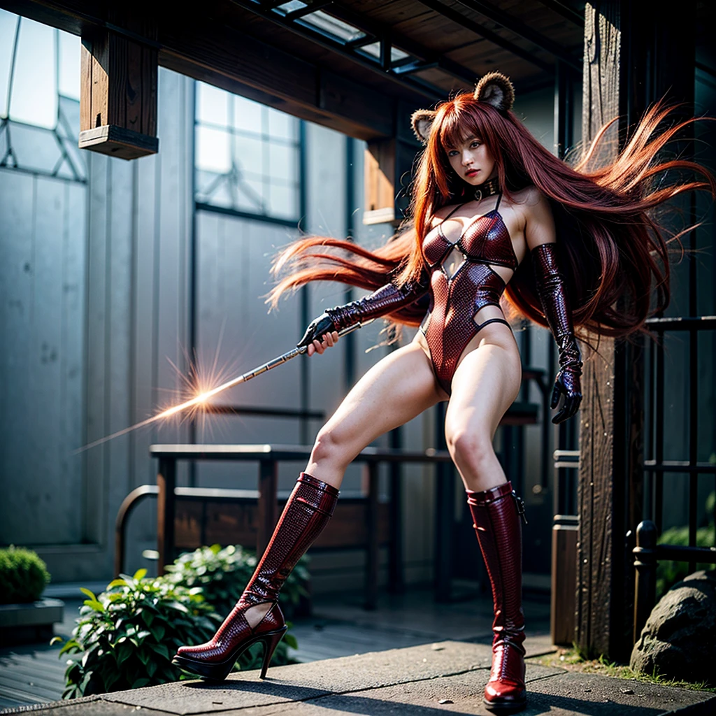 honkai impact, herrscher of thunder, very long hair, full body, red hair, hair with Sakura petals