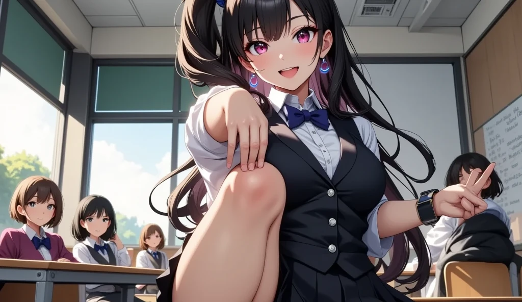 (((Masterpiece, highest quality, high definition, high detail)))), (((modern))), ((Inside college library)), ((standing in library)), (((one girl))), detailed eyes, beautiful face, tomboy, student clothes, girl with dark skin, ((long black hair in a bun)), hazel eyes, blunt bangs, wearing student clothes, student skirt, blushed face, large breasts, (dark skin*0.8), (long brown + wavy hair*1.2), looking at viewer, kind look, smiling sweetly